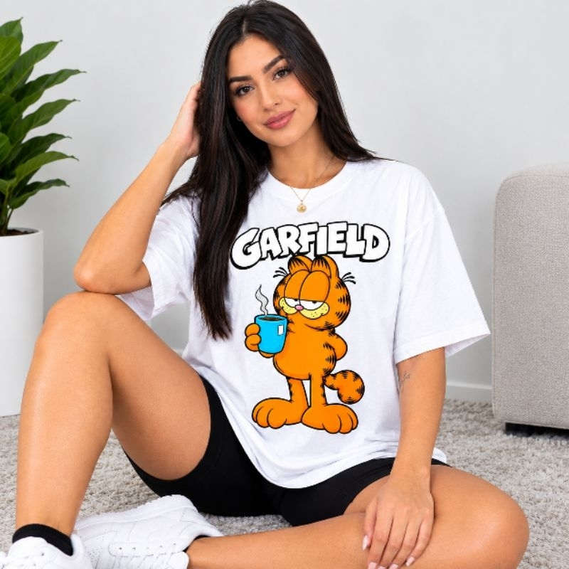 Camiseta Oversized Garfield FoFo Bebendo Café 100% Algodão Academia Gym Blusão Tshirt Feminina Gringa Streetwear