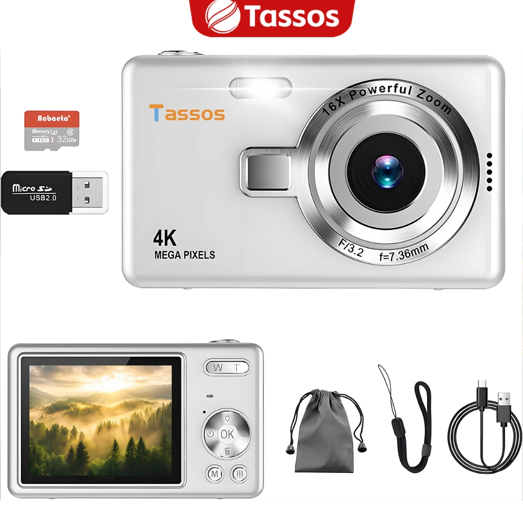 Tassos Câmera Digital 50MP Resolução 4K Zoom 16x para Vlog Presente Infantil com Cartão de Memória 32GB