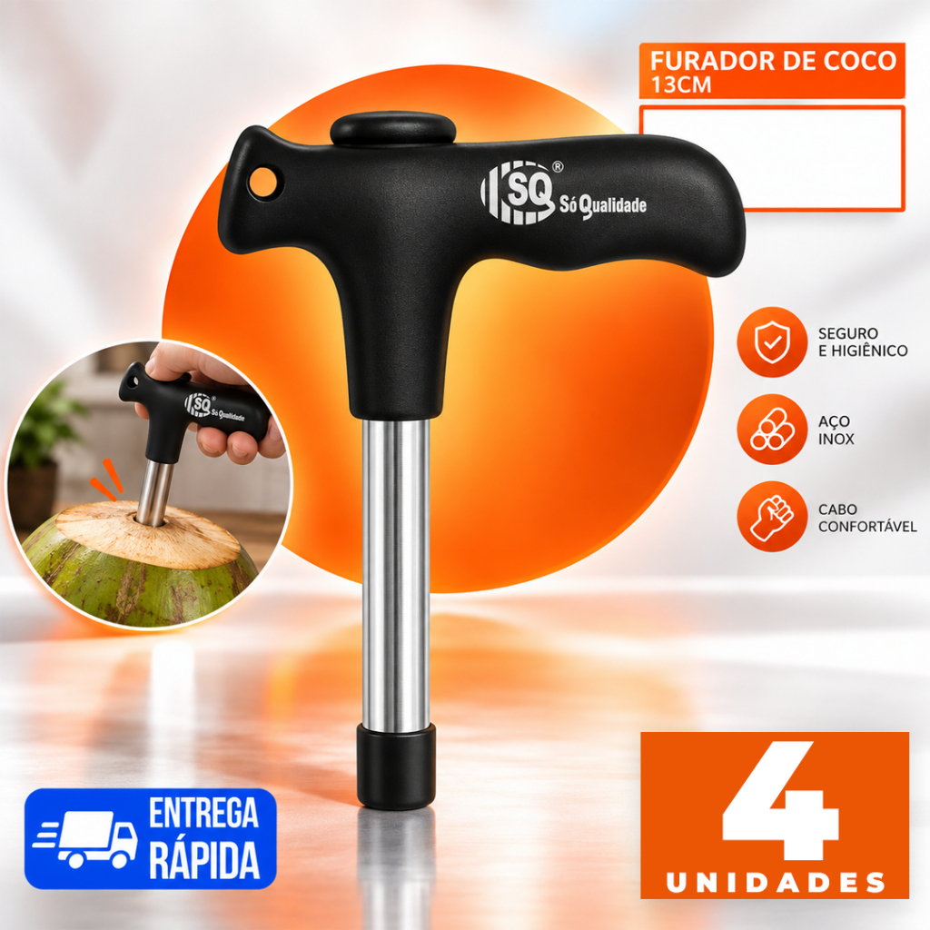 Kit 4 Unidades Furador de Coco Inox 13cm Para Praia Quiosque Quiose Bar Cozinha Água de Coco Haste Removível