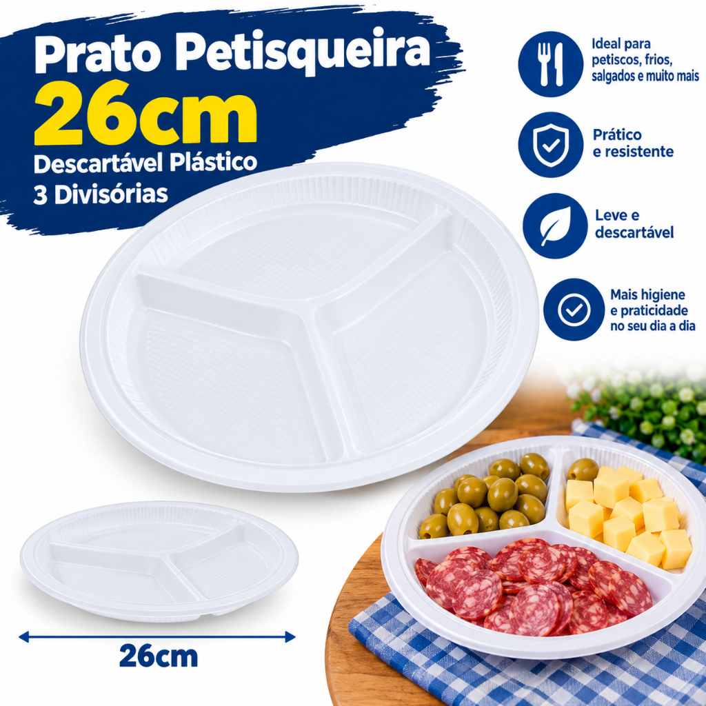 Prato Petisqueira 26cm 10 unidades branco descartável plástico 3 divisórias