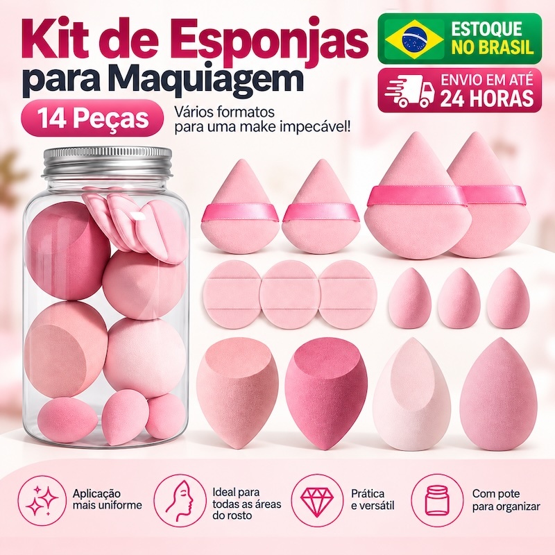 Kit 14 Esponjas de Maquiagem com Pote, Beauty Blender para Base, Corretivo e Pó