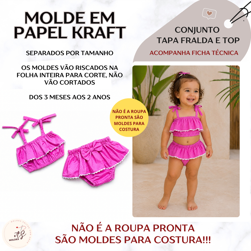 Molde em Papel Kraft para Costura Conj Calcinha Tapa Fralda e Top Separados por Tamanho para recorte (NÃO É A ROUPA)