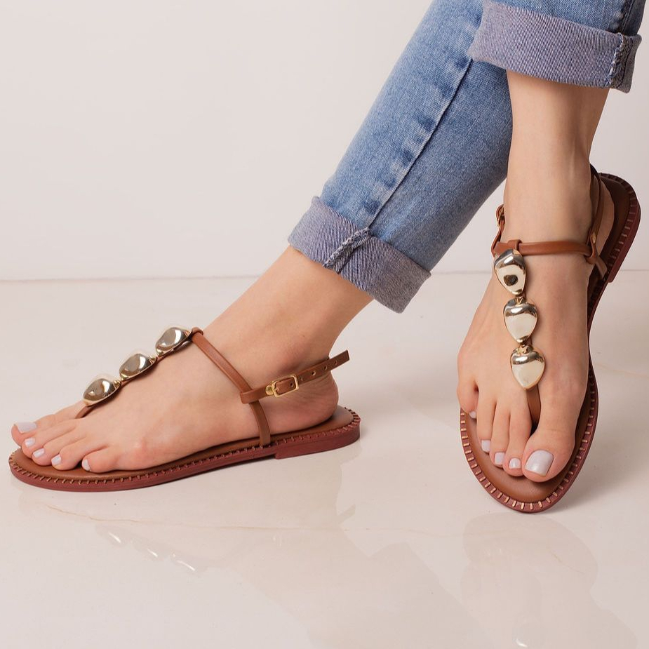 Sandalia Feminina Rasteira Pedraria Metalizado Flat Leve e Confortavel