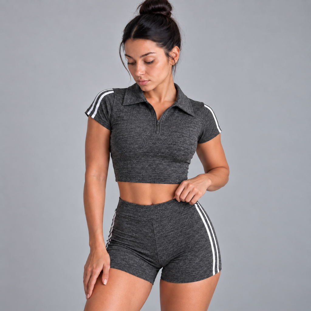 Conjunto Academia Fitness Feminino Short E Cropped Gola Polo Treino Tecido Premium