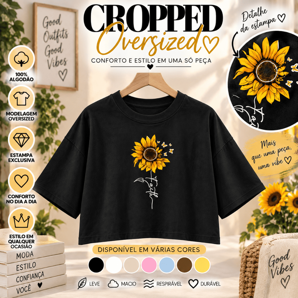 Cropped Feminino Oversized Girassol Faith 100% Algodão Estampa Fé Borboletas Moda Casual Confortável Tendência Manga Cur