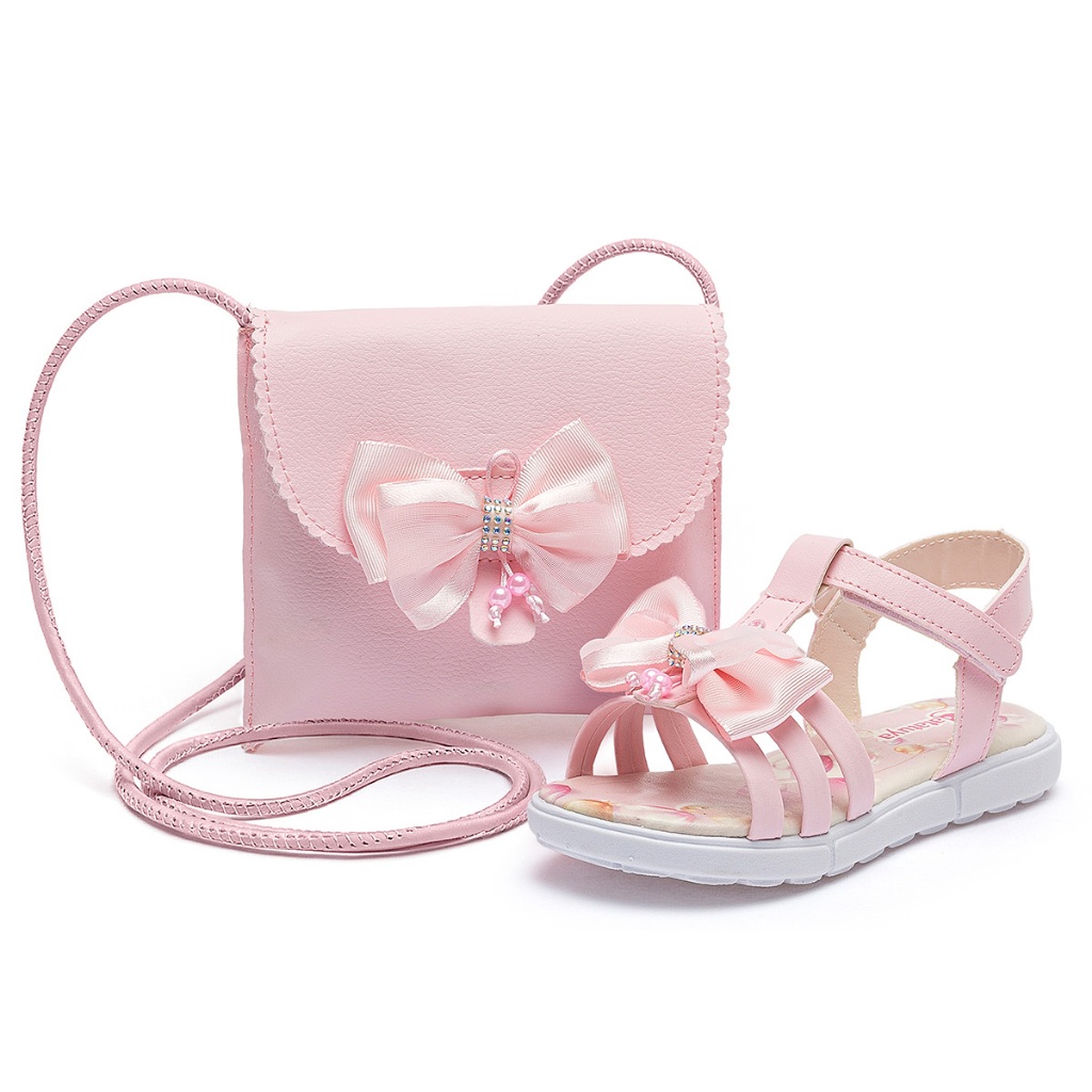 Kit Sandália Feminina Infantil Rasteira Confortável Laço Brilho Rosa Com Bolsa Lolikids