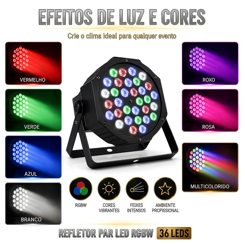 Canhão Refletor 36 LEDs RGBW Profissional 36W MiniMen Bivolt para Festas, Shows e Eventos