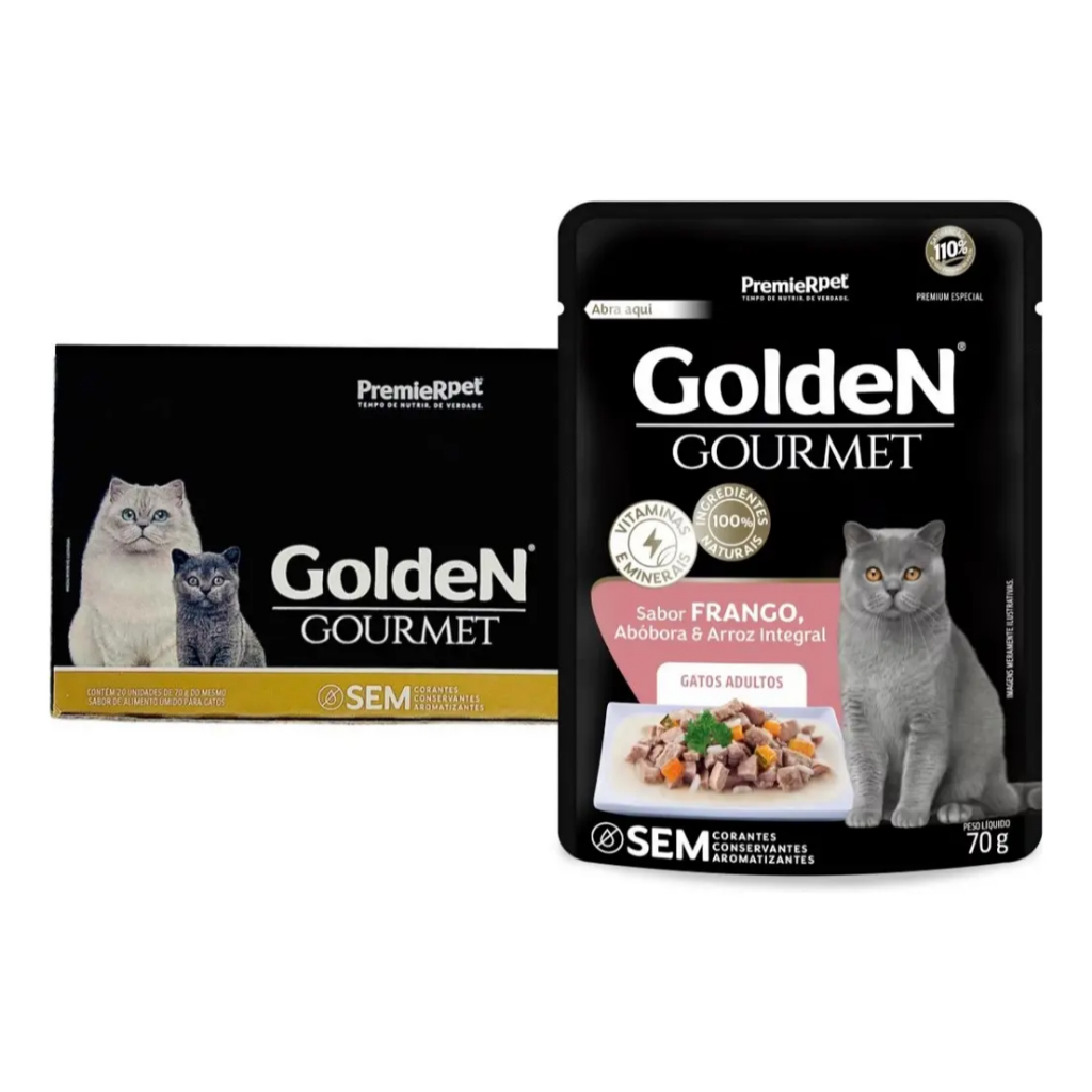 Kit 20 Sachês Golden Gourmet para Gatos Castrados Sabor Frango 70g Ração Úmida Gato Castrado
