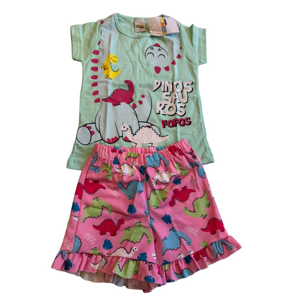 Conjunto infantil menina estampado tamanho 3 verão camiseta e shorts dinossauro, rosa, interativo, tactel, aconchegante