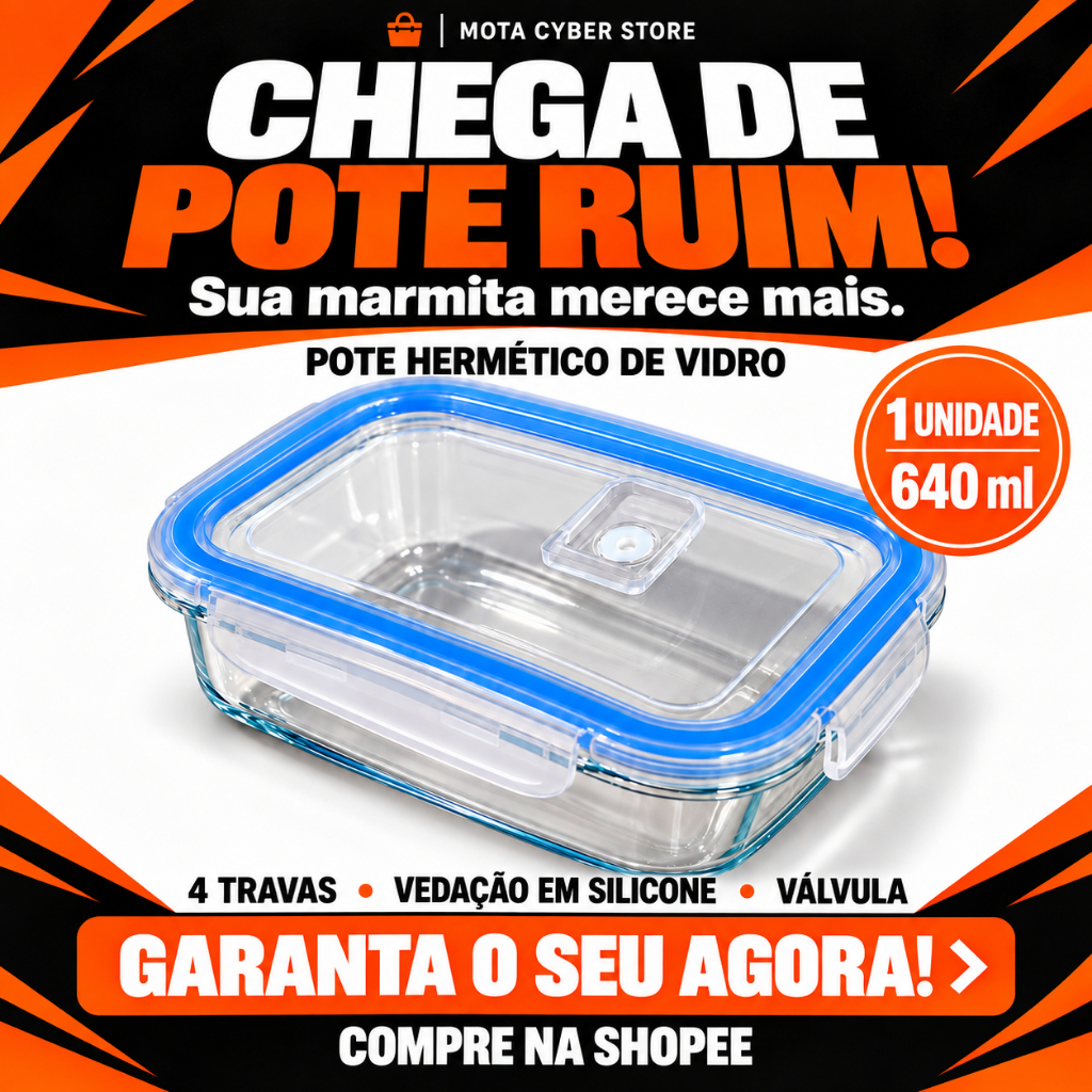 Pote de Vidro Herméticos 640ml Marmita com Tampa Trava Anti Vazamento Freezer e  Micro ondas