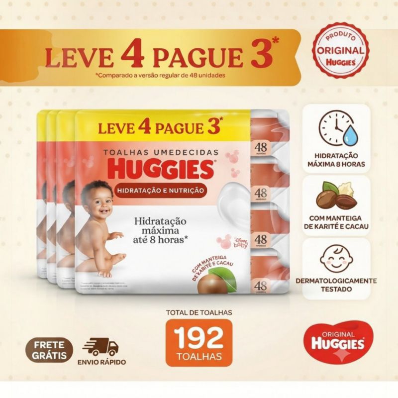 Toalhas Lenços Umedecidos Huggies Supreme Care Leve 4 Pague 3 - 192 unidades
