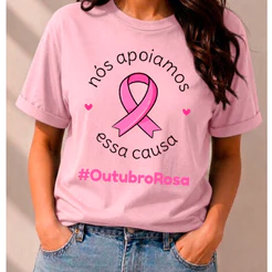 Camiseta Feminina Outubro Rosa Laço Rosa 100% Algodão 3 Cores P M G GG