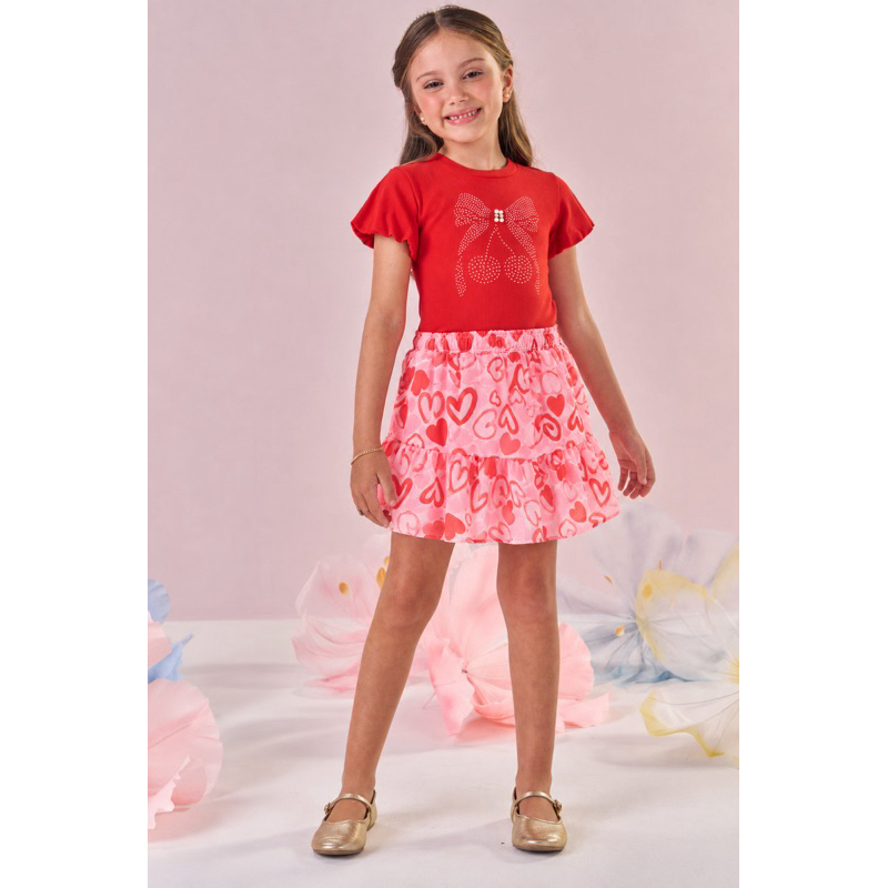 Conjunto infantil menina blusa em canelado Liz brilho pérolas e saia em chiffon estampado com shorts embutido Kukiê