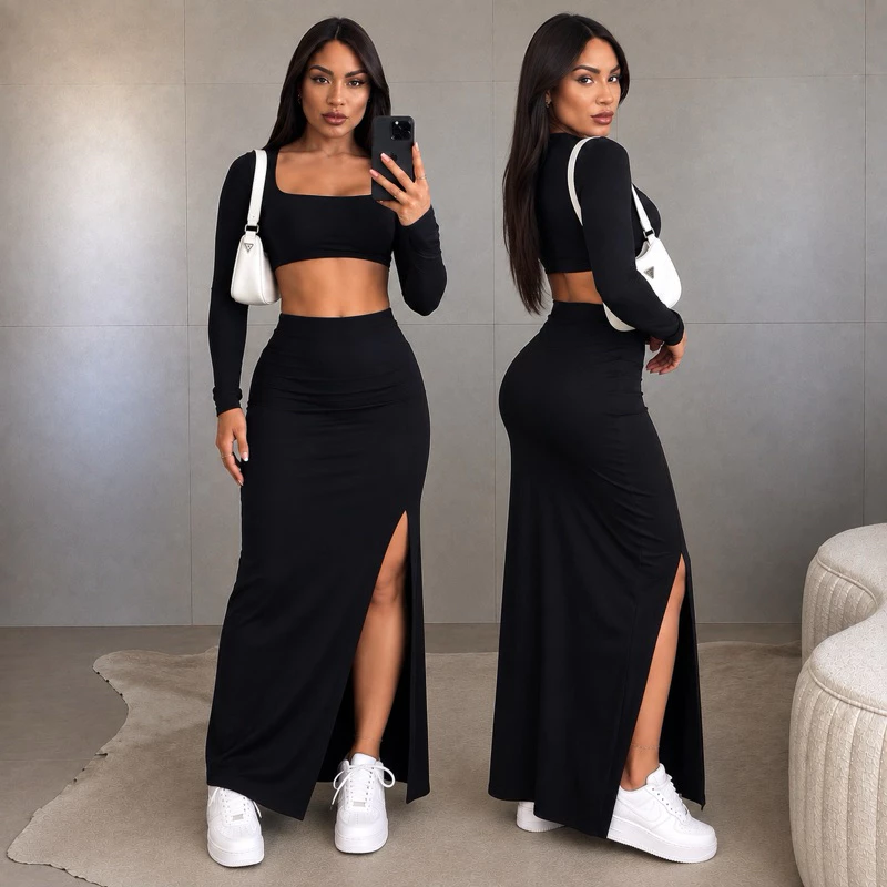 Conjunto Saia e Blusa Cropped Feminina Manga Longa Inverno Decote Quadrado - Tecido Suplex Confortável, Tamanho Único