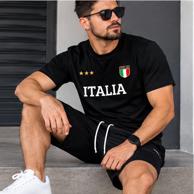 Kit Masculino Camisa Algodão + Short Tectel Elastano Academia Italia Conjunto Camiseta + Bermuda Casual Ou Lazer Praia
