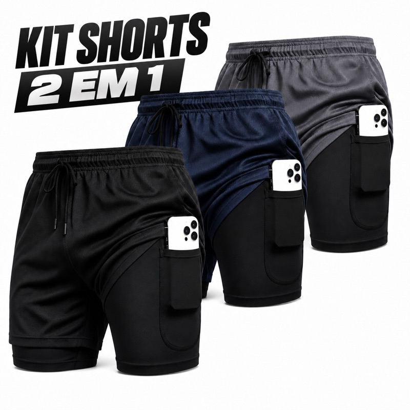 Kit Shorts 2 em 1 Dry Fit Masculino Academia Corrida Compressão Bolso Interno 1 2 3 Peças Plus Size