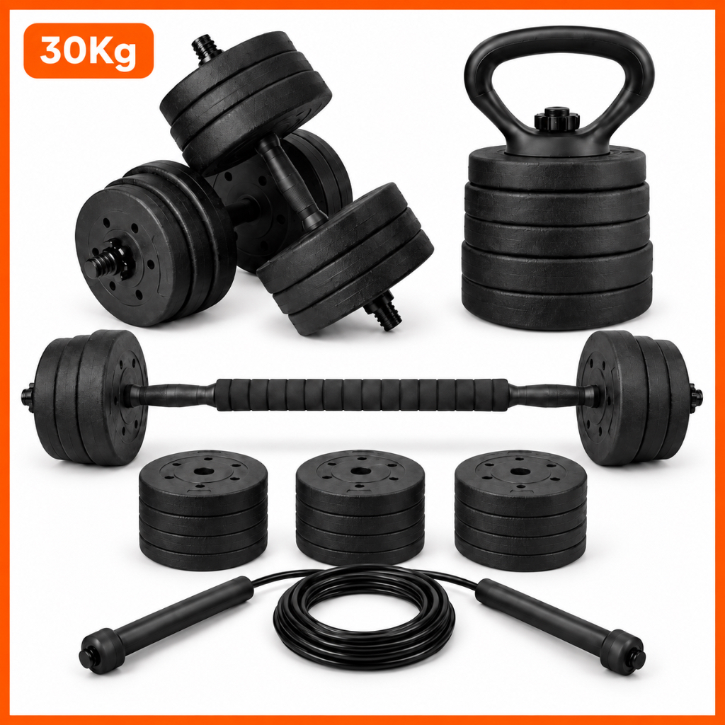 Kit 30kg Halteres Treino em Casa com Anilhas, Barras, Kettlebell e Corda de pular