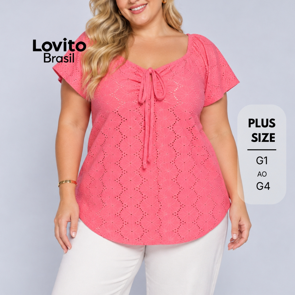 Lovito Plus Size Blusa Laise Manga Curta Feminina BRBLB1037BRL1067