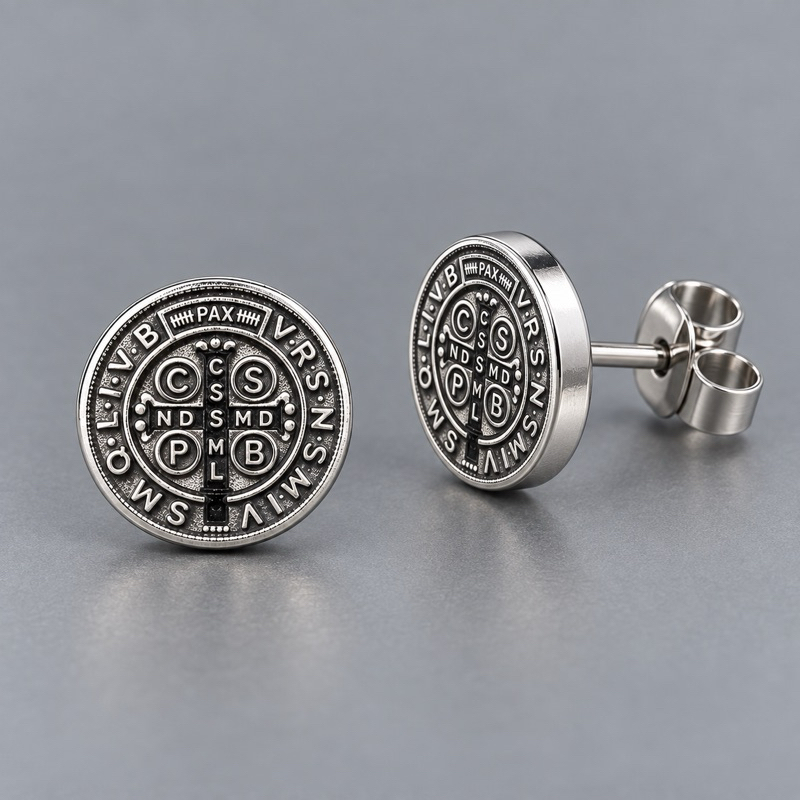 Par de brinco Medalha de São Bento em Aço Inoxidável  8mm