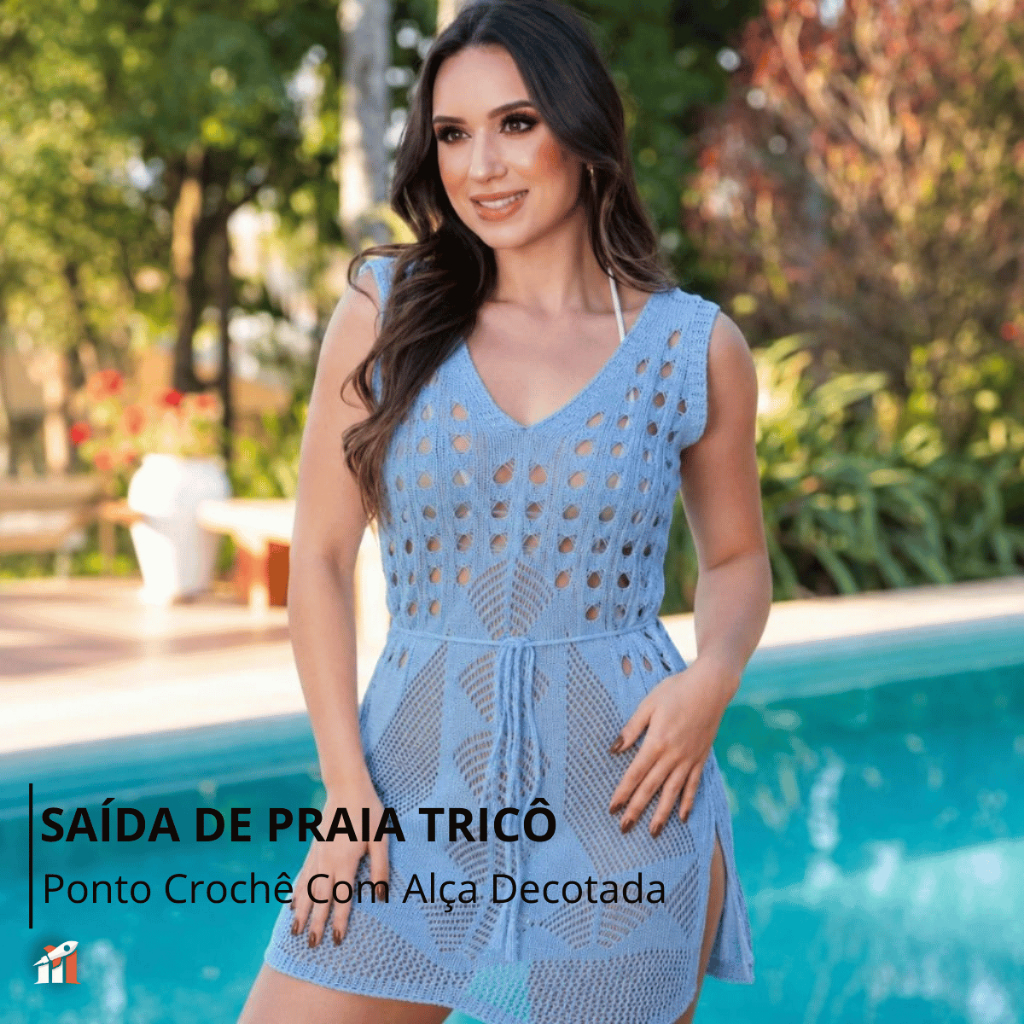 Saída de Praia Tricô Ponto Crochê Com Alça Decotada e Cordão Trabalhada Moda Verão Santo Luxo Tricot