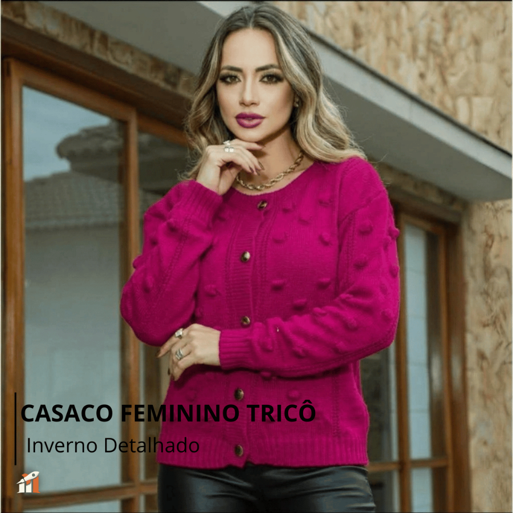 Casaco Feminino Tricô Inverno Detalhado Com Botões Estilo Cardigan Elegante