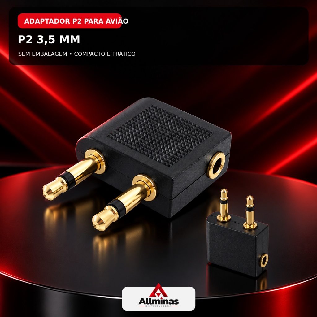 Adaptador P2 para Fone de Ouvido de Avião 3,5mm Conector Duplo Sem Embalagem