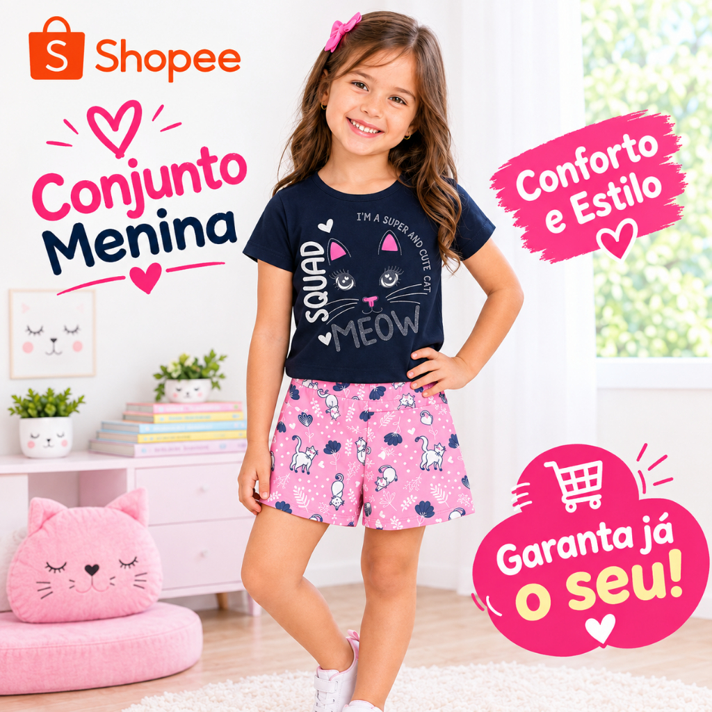 Conjunto Infantil Menina Verão Blusa Meia Malha Estampa Gatinha + Shorts Estampado Roupa Infantil Feminina