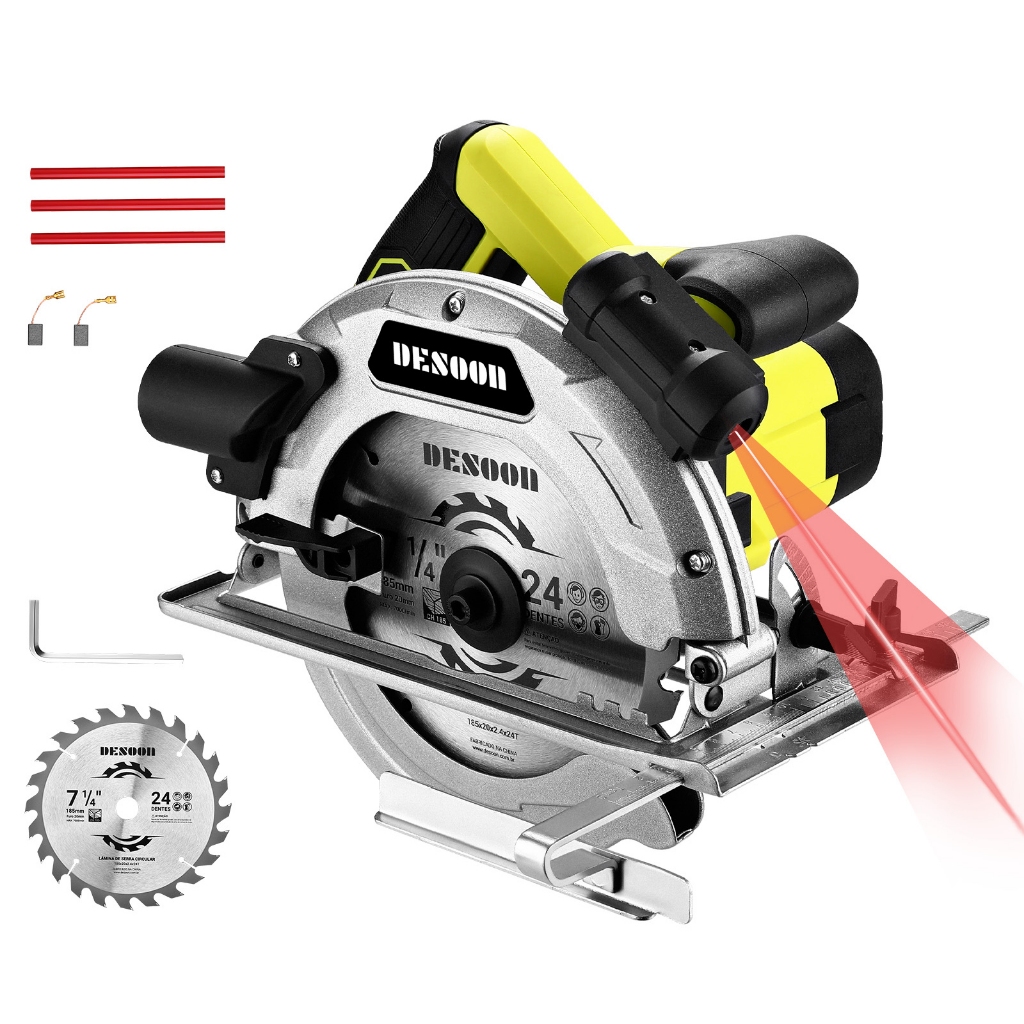 Serra Circular Elétrica Profissional 1800w Base De Aço Com Laser E Disco 24 Dentes Corte 220V Desoon