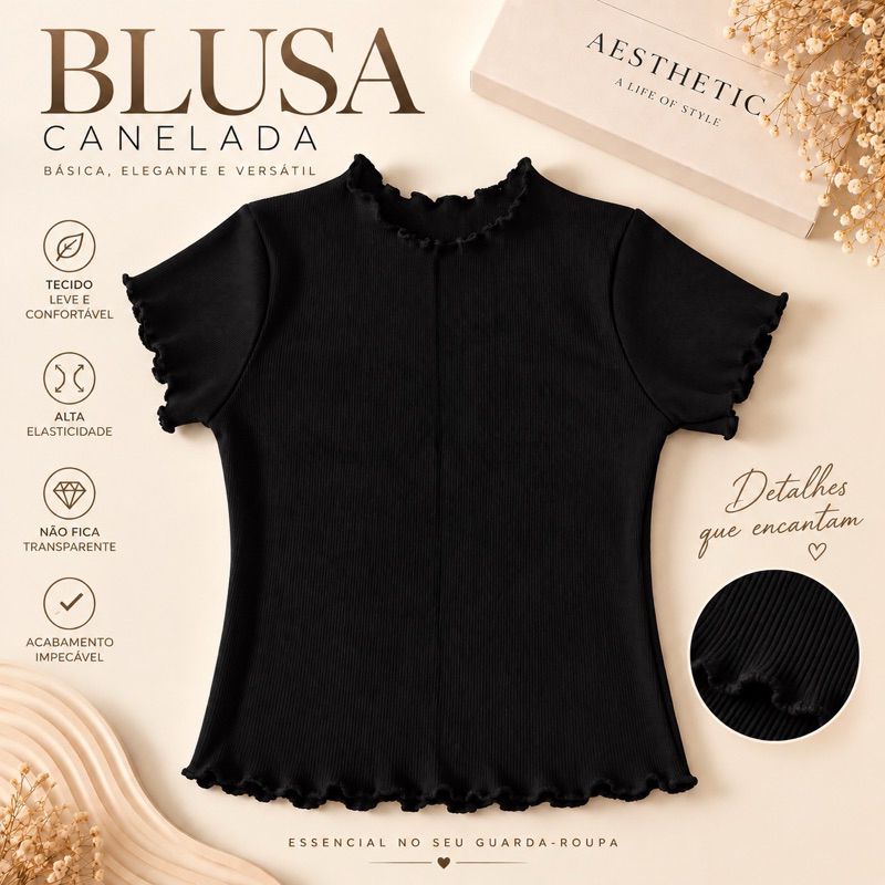 Blusa Feminina Canelada Manga Curta Cropped Básica Elegante com Elasticidade