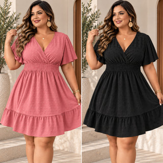 Vestido Duna Pipoca Plus Size Feminino Elegante Manga Morcego Decote V