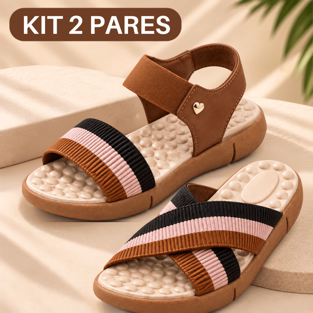 Kit 2 Pares Chinelo + Sandália Feminina Ortopédica Massageadora Casual Leve Confortável Sola de Eva