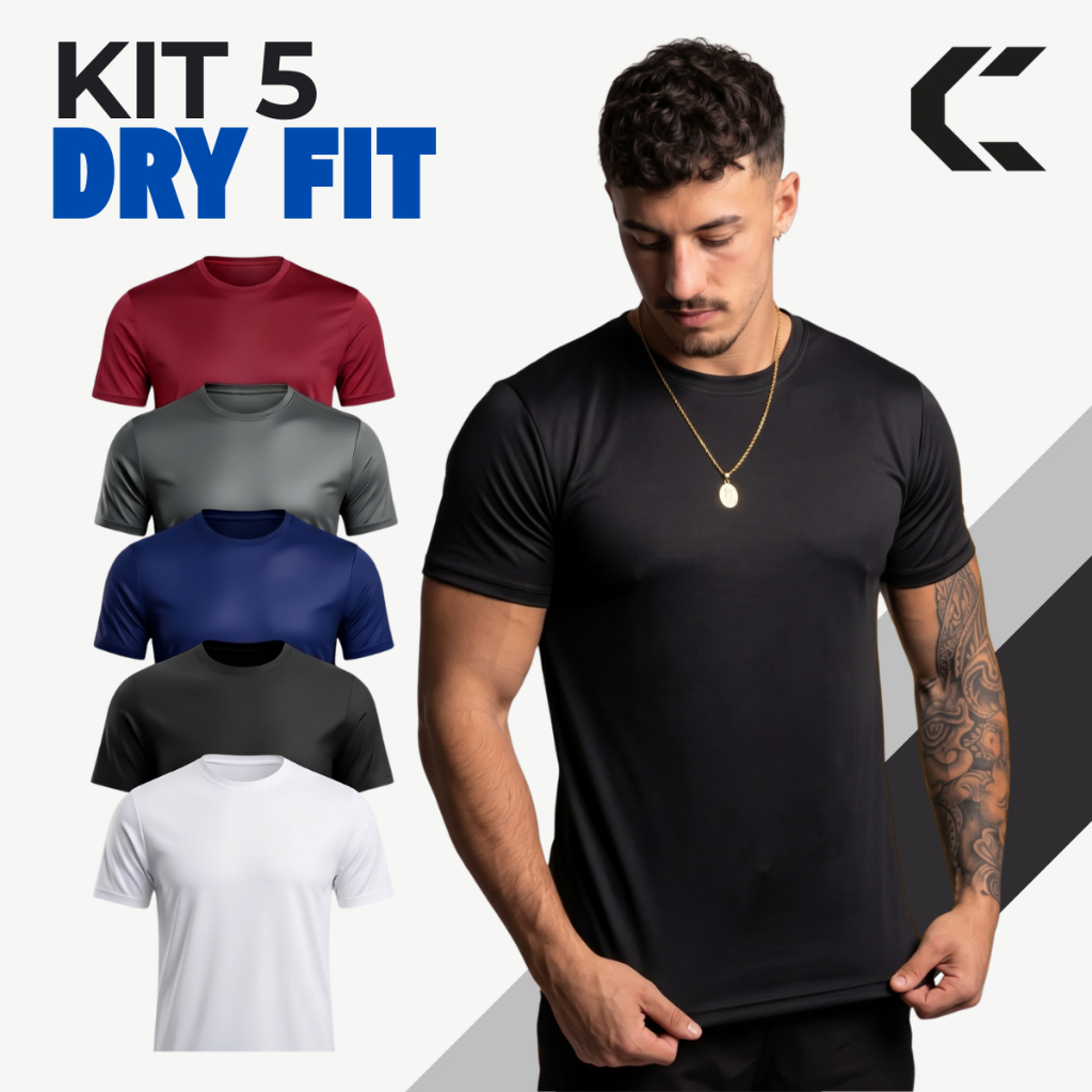 Kit 5 Camisetas Dry Fit Masculina Helanca Manga Curta Academia Corrida Fitness Treino Futebol