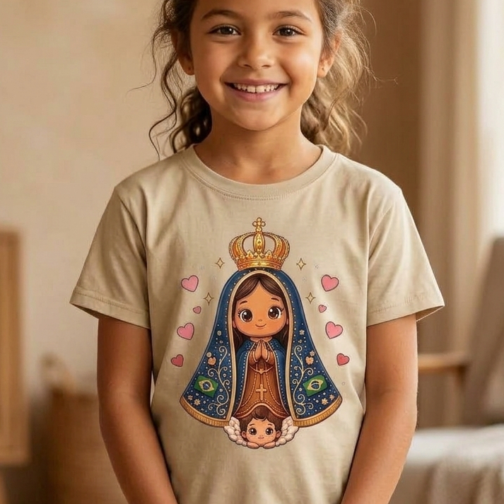Camiseta Infantil Nossa Senhora Aparecida Religiosa Baby Cute 100% Algodão