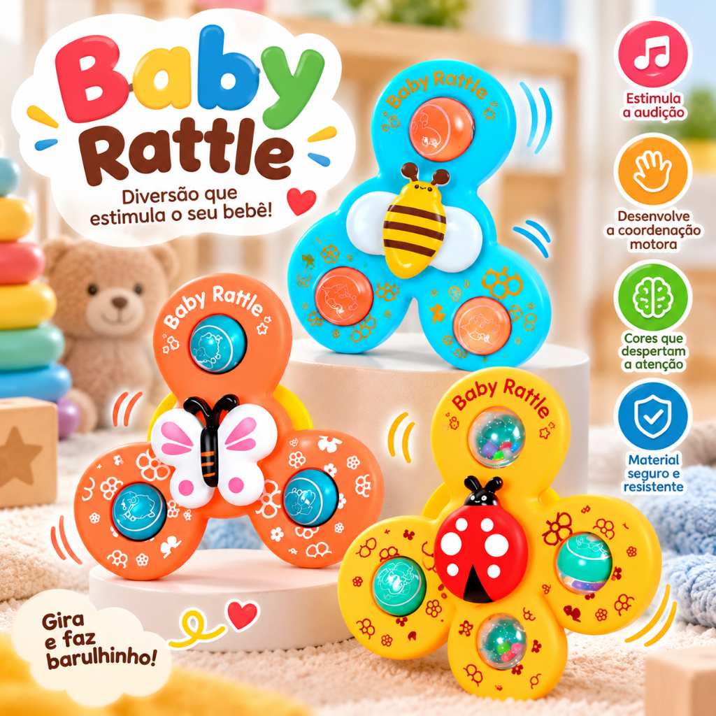 Kit 3 Brinquedo Infantil Chocalho Giratório Spinner Com Ventosa Brinquedos para bebê Banho