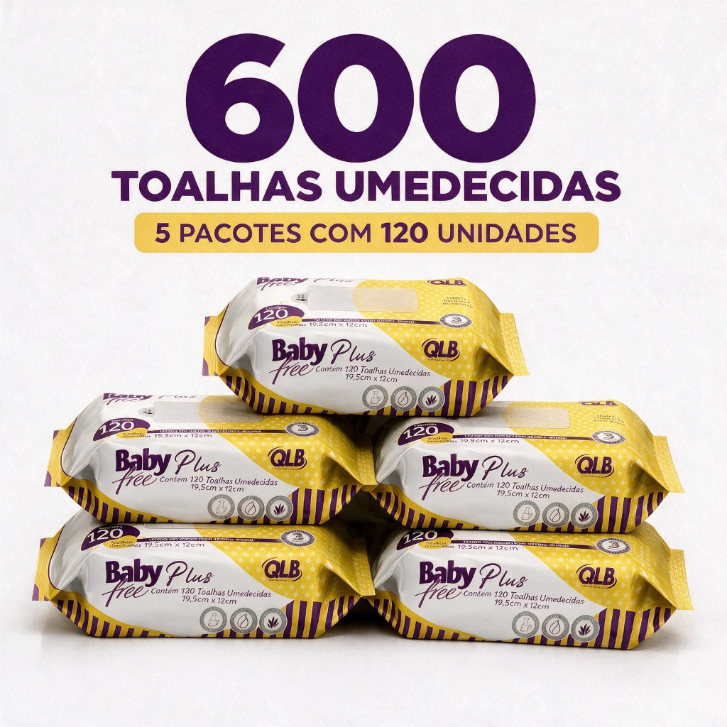 Caixa com 5 Lenços/Toalhas Umedecidas Baby Free Plus c/ 120 Unidades Cada – Sem Tampa FlipTop