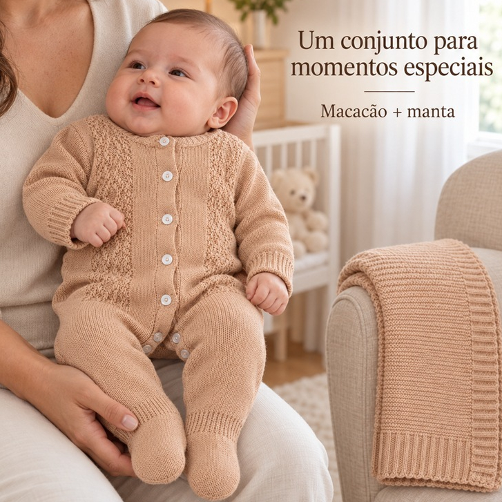Saída de Maternidade Bebê Tricô Macacão Manga Longa Pezinho Fechado com Manta Kit 2 Peças