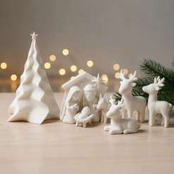 Kit Decoração Natal Minimalista 5 Peças Árvore Facetada Trio Renas Presépio Branco Enfeite Mesa Sala Natalino Moderno In