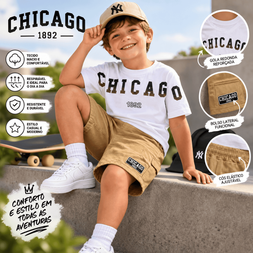Conjunto Infantil Masculino De Verão - Bermuda e Camisa Fresquinha - Tamanho 1 ao 12 anos