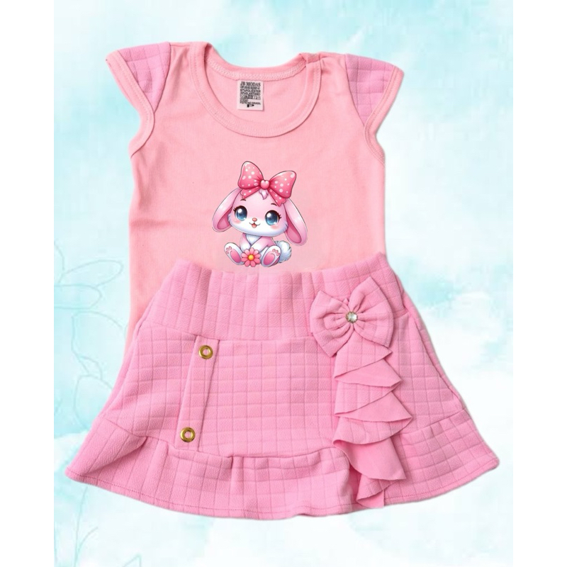 Blusinha e SAIA cor ROSA Moda infantil do 1 ao 6 Verão Confortavel Estampa sortida