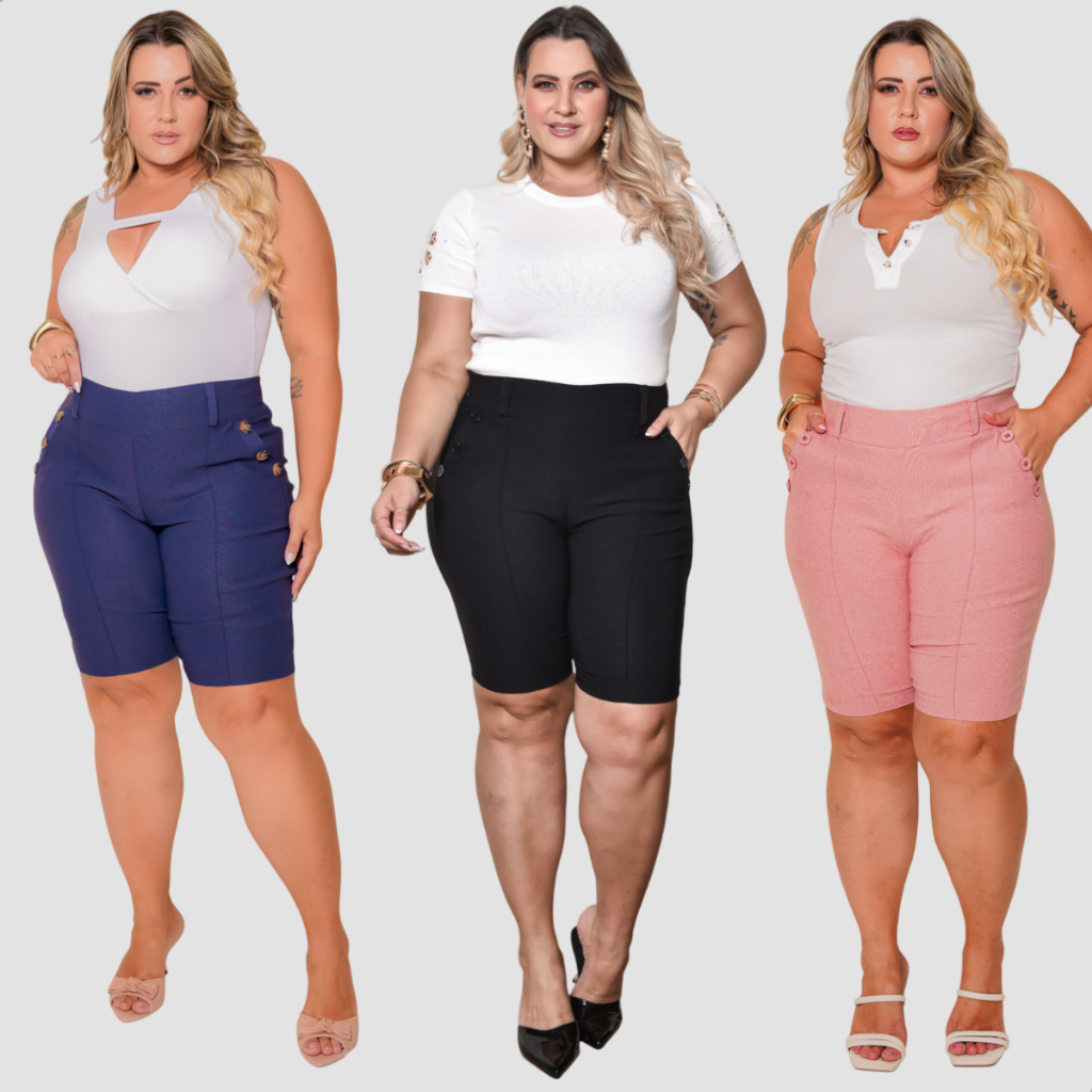 Kit Com 3 Bermudas Feminino Plus Size Social Cintura Alta Detalhes Em 6 Botão Nos Bolsos Alfaitaria Bengaline 40 Ao 52