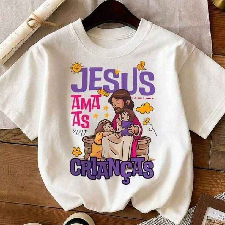 Camiseta Infantil Estampa Jesus Ama As Crianças 100% Algodão Fofo Religiosa 2 ao 16 Estilosa Fé