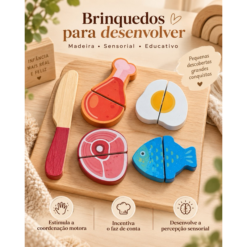 Kit Brinquedo Educativo Infantil Madeira Comidinhas de Cortar Sensorial Montessori Coordenação Motora Presente