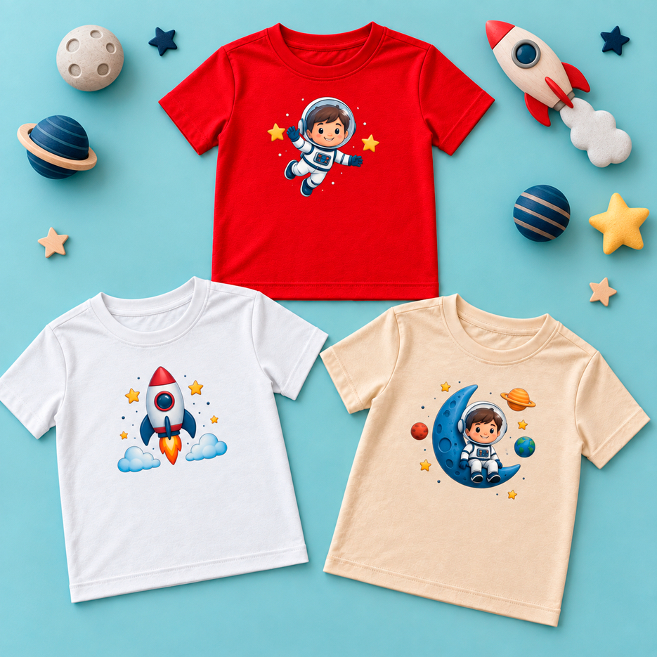 Kit 3 Camisetas Masculina Infantil Juvenil Estampadas Astronauta Espaço | T-Shirt Menino Moderna Casual Algodão