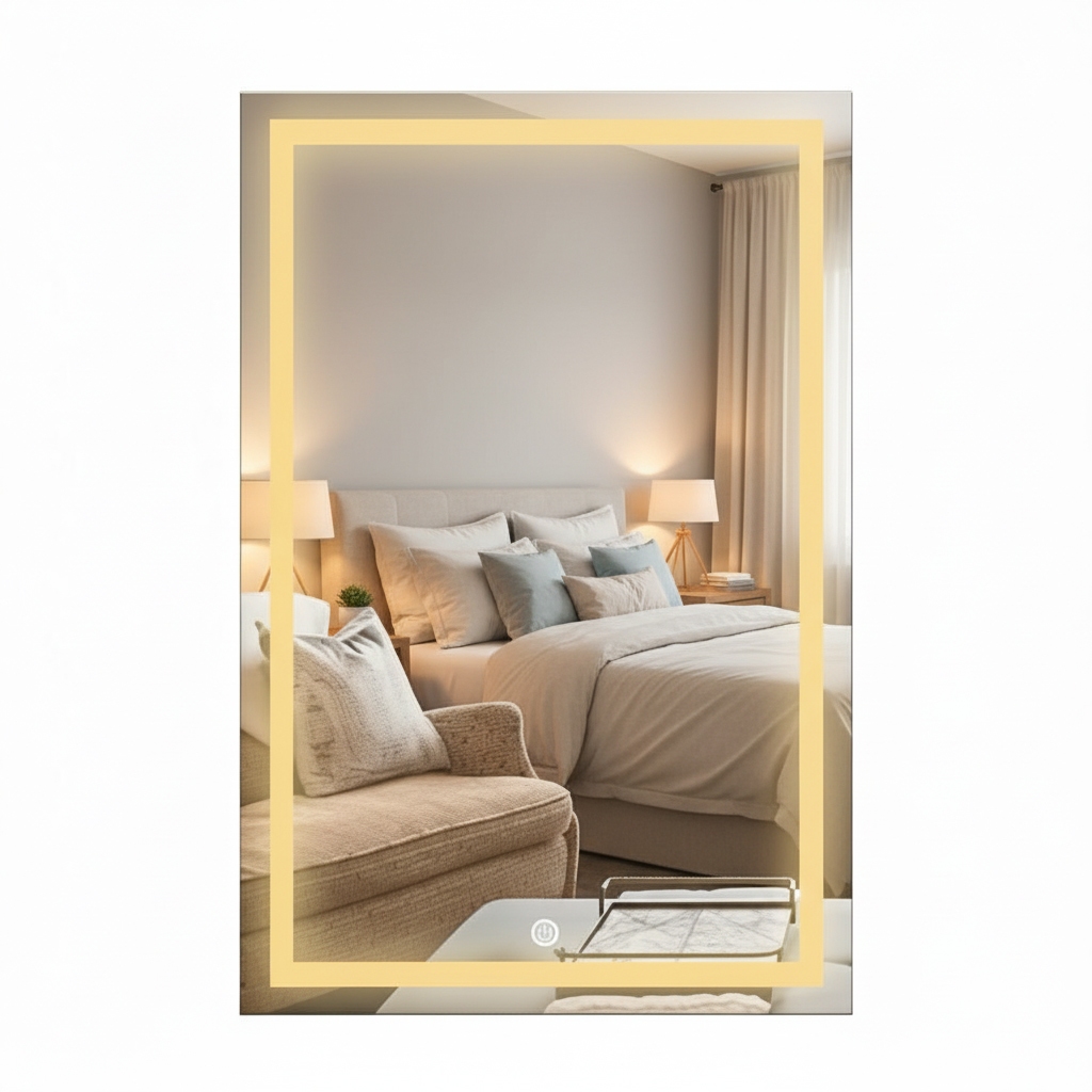 Espelho Jateado Retangular Penteadeira Led Touch Três Tons Para Decoração de Quarto e Sala