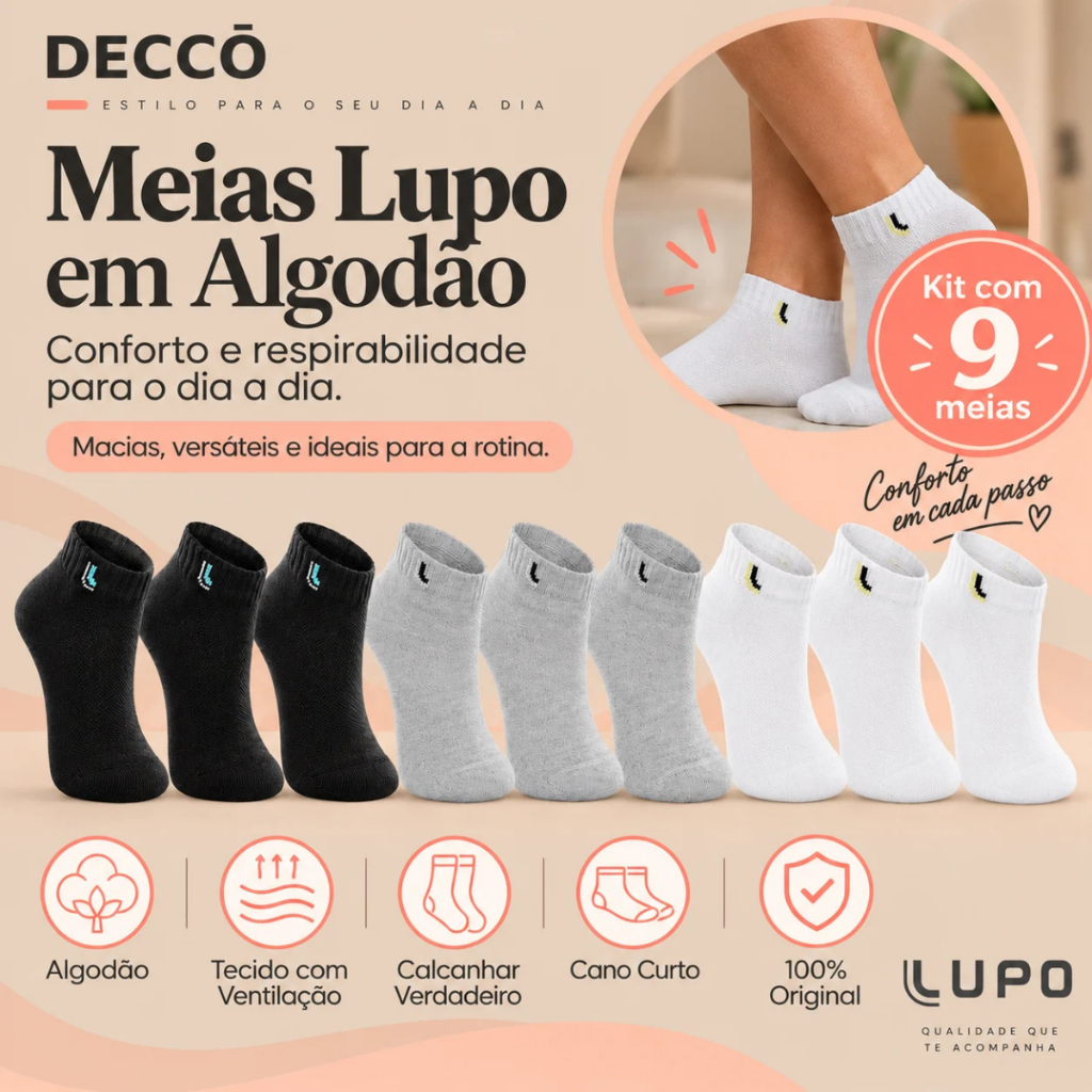 Kit De 9 Pares Meias Lupo Kids Infantil Cano Curto Algodão Tamanho 24 ao 36