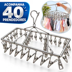Varal 40 Prendedores Inox Meias Calcinha Roupa Íntimas Bebê Resistente Gancho Trava Peças Delicadas