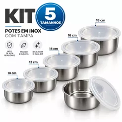 Kit 5 Potes Tigelas em Inox Com Tampa 10 à 18cm Redondos Para Alimentos Armazenamento Cozinha