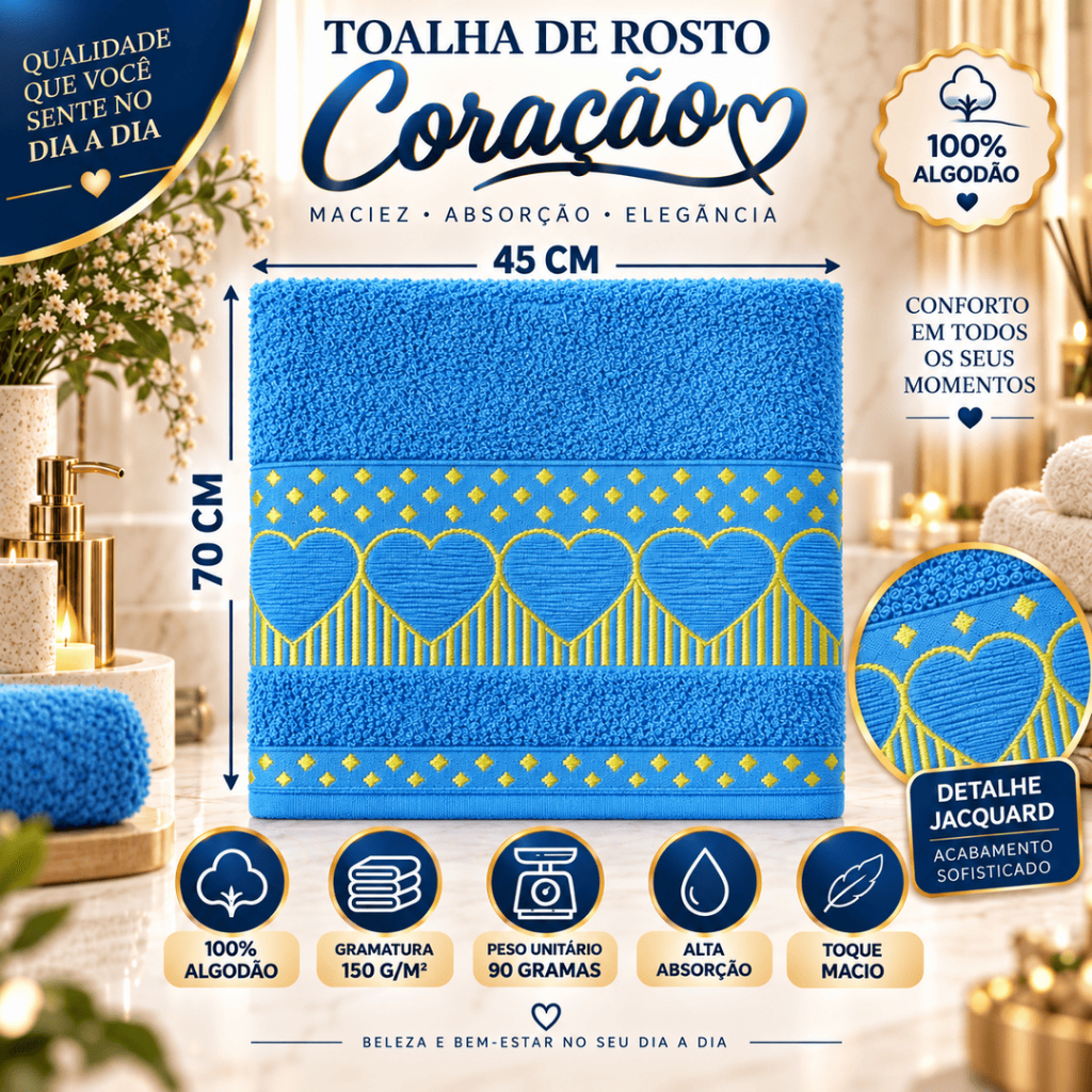 Toalhas de Rosto Coração 100%Algodão Ótima Absorção 45x70
