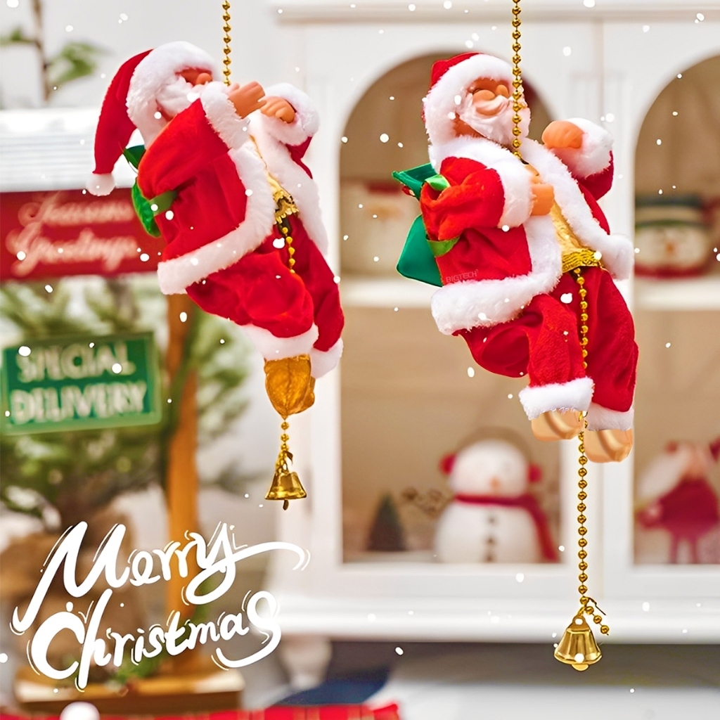 Papai Noel Escalador Elétrico Musical Sobe E Desce Corda Enfeite Natalino Para Árvore De Natal Decoração Casa Presente