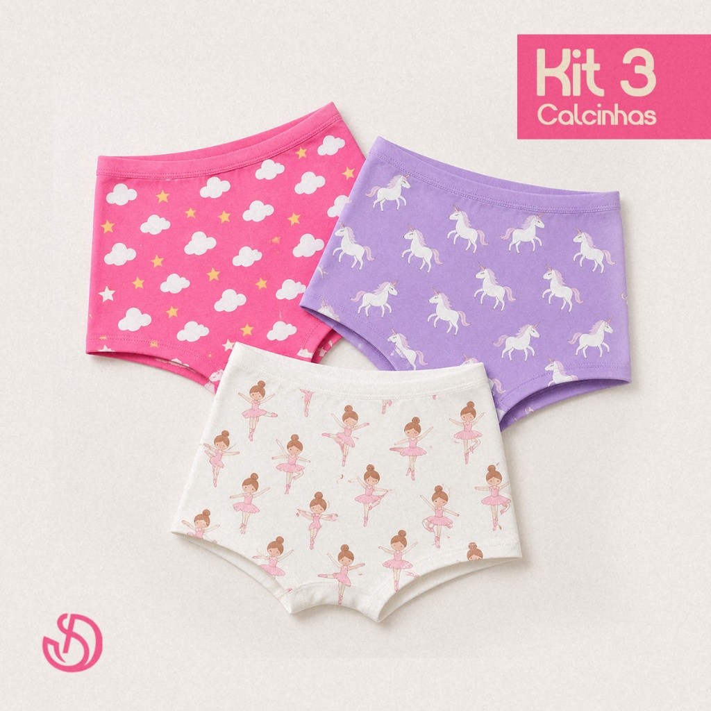 Kit 3 Calcinhas Boxer Infantil Feminina Menina Juvenil Shortinho Algodão Confortável Estampada